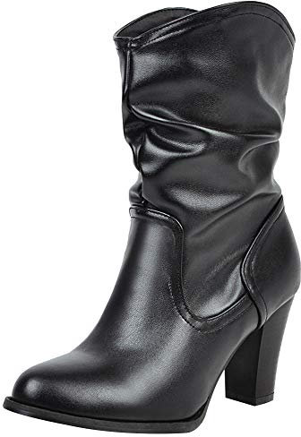 Jamron Mujer Elegante Tacón de Bloque Sin Cordones Botas de Pantorrilla Fruncidas Mullido Botas Holgadas Negro SN02816 EU40