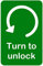TURN TO UNLOCK ADHESIVE STICKER SIGN. For doors and knobs. (2 x Anticlockwise)