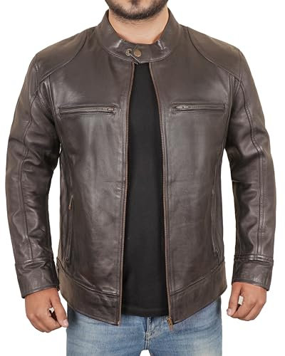 STOREJEES Herren-Motorradjacke aus echtem Lammfell, Biker-Stil, mit Reißverschluss, Dunkelbraun, 3XL