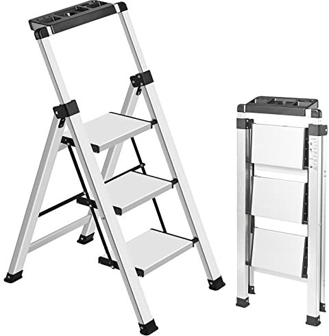 XinSunho 3-stufige Leiter, einziehbarer Handgriff, klappbarer Tritthocker mit rutschfestem breitem Pedal, Aluminium-Hockerleitern, 3 Stufen, 150 kg Sicherheitsleiter