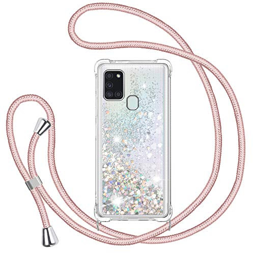 TUUT Handyband für Samsung Galaxy A21S Hülle mit Band, Glitzer Treibsand Handyhülle mit Kordel zum Umhängen Transparent Stoßfest Schutzhülle mit Kette Schnur, Quicksand Necklace Case in Roségold