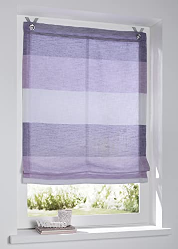 Raffrollo Ösenrollo Marit Rose/lila/Creme gestreift Leinenoptik Blickdicht Breite 60 cm x Höhe 120 cm, incl. Fensterhaken