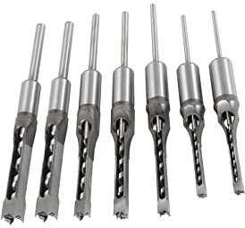 findmall 7Pcs Square Hole Drill Bit HSS Square Hole Saw Mortise Chisel Drill Bit Tools Wood Mortising Chisel Set Twist Drill Wood Hole Drilling Tool for Mortising Machines Drill Press Attachments