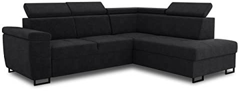 Sofnet Ecksofa Natan mit Schlaffunktion und einstellbare Kopfstützen - Wohnlandschaft mit Metallfüßen, Couchgarnitur, Bettkasten, Sofagarnitur, Sofa (Ecksofa Rechts, Schwarz (Kronos 07))