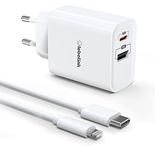 GlobaLink - Cargador rápido para iPhone (32 W, 2 puertos, carga rápida, certificado MFi), 20 W, cargador USB C + 12 W USB A + cable USB C 2 M para iPhone 13/Pro/Pro Max/12/Pro Max/iPad/Samsung Galaxy