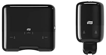 Tork 553108 Mini Spender für H3 Zickzack und Lagenfalz Handtücher im Elevation Design, Schwarz & Mini Seifenspender für Flüssigseife, Shampoo, Lotion und Toilettensitzreiniger, schwarz