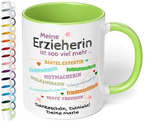 Tasse personalisiert Meine Erzieherin ist soo viel mehr - Dankeschön Kaffeetasse mit Spruch als Abschiedsgeschenk Kindergarten Kita für Erzieherin, Tagesmutter - spülmaschinenfest (Hellgrün)