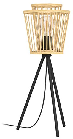EGLO Tischlampe Hykeham, Stativ Nachttischlampe Boho Style, Dreibein Tischleuchte aus Bambus in Natur und Metall in Schwarz, Deko Lampe mit E27 Fassung