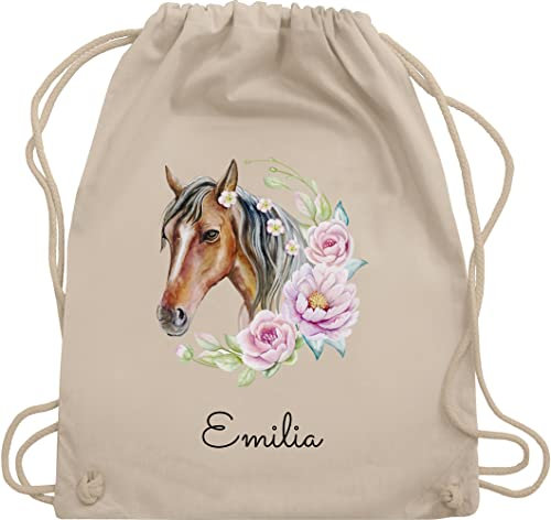 Turnbeutel Rucksack - Pferd Pferde - Wunschname Pferdekopf Name I Pferdemotiv I Geschenk Pferdemädchen - Unisize - Naturweiß - beutel für kindergarten pferderucksäcke pferden horse sportbeutel