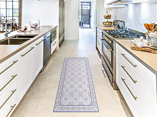 Oedim Alfombra Mosaico Vintage Diseño Lila y Rosa, 165x95cm, Alfombra Cocina Vinilo, Alfombra Salón Antideslizante, Suelo vinílico