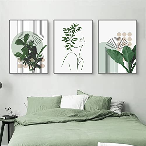 Sarah Duke 3er Poster Set Moderne Bilder Abstrakt Wandbilder Natur Leinwandbilder Grün Pflanze Blätter Wandposter Wohnzimmer Schlafzimmer Decor (Stil A,50x70 cm)