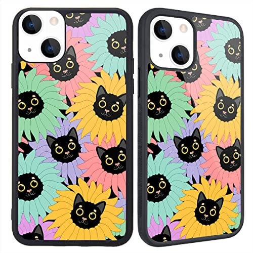 MAYCARI Funny Cat Sunflower Pattern Compatible with iPhone 14 Pro Case for Women Girls, Hard Back Cover with Cute Animal and Nature Design Soft TPU Bumper Protective Phone Case