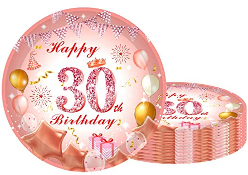 16 Stück Roségold Pappteller 30. Geburtstag Party Tischdeko 17.78cm Pappteller Hochwertige Papptelle für Frauen Geburtstag Party Deko Partyzubehör zum Thema Roségold