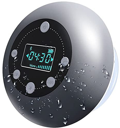 ALLRAM Bedside Radio Alarm Clock, Portable Bluetooth Waterproof Speaker Bathroom,Bathroom Suction Cup Wall Digital for Phone Laptops