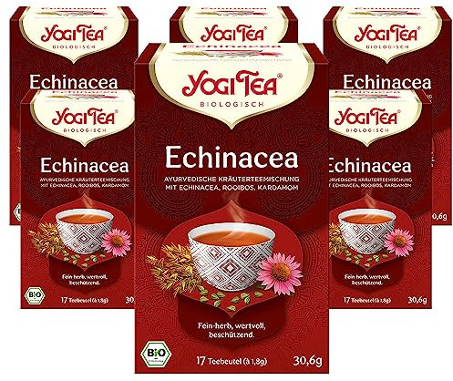 Yogi Tea Echinacea, Ayurvedischer Bio Gewürzteevon Natur aus Koffeinfrei, mit Rooibos und Gewürzen des Orients, 6x17 Beutel (102 Teebeutel insgesamt)