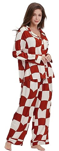 YiNi LuLu Damen-Pyjama-Set, Seidensatin, Knopfleiste, 2-teilig, langärmelig, übergroße Nachtwäsche mit Taschen