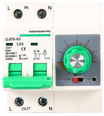 Jadeshay Interrupteur à Minuterie Réglable, Disjoncteur Intelligent 0-6H Disjoncteur de Temporisation Réglable avec Fonction de Temps 2P 63A AC230V
