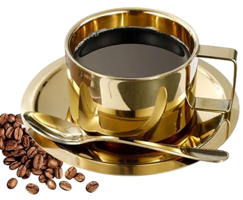 Juego de tazas de café de acero inoxidable, tazas de café de metal con cuchara y platillos, tazas de té aisladas de doble pared de 200 ml, taza de café de estilo europeo, juego de tazas de espresso,