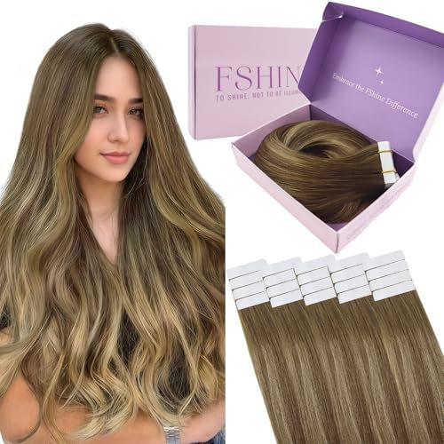 Fshine Extensiones Adhesivas De Pelo Cabello Humano Balayage Castaño Medio con Rubio Miel Cabello Tape In Extension 55cm 50g Tape Human Hair Extension Color 4 24 4