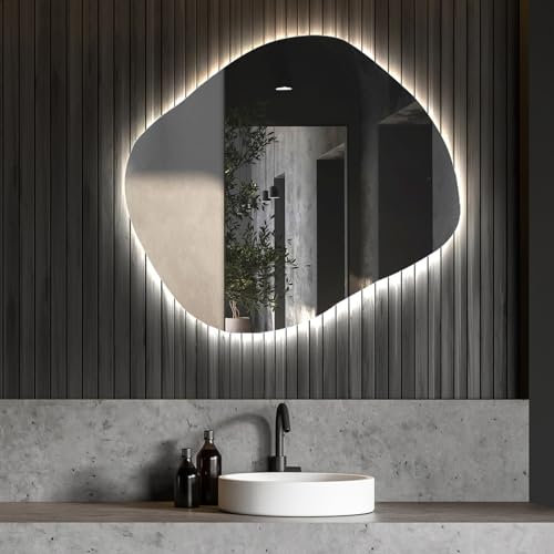 Artforma Unregelmäßiger Form asymmetrischer Spiegel mit LED Beleuchtung 84x74 cm | Moderner Industrial Wanspiegel Beleuchtet Nach Maß | ROM221 | Wählen Sie Zubehör | Lichtspiegel Badezimmerspiegel