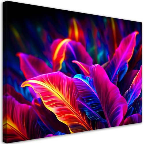 Feeby - Wandbilder Wohnzimmer 120x80 cm, Tropische Blätter AI Neon, Leinwand Bilder, Bilder für Schlafzimmer, Echter Gemalter Effekt, Moderne Wanddeko, Gemälde - Abstraktion Natur mehrfarbig