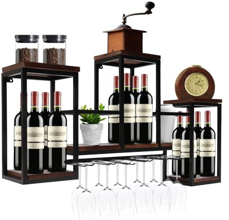 KiwiHood Industrielle Wand Weinregale 42 Wand montiert Weinflaschenregal mit Glashalter, 2 Tier rustikalen Mehrzweck-Speicher-Regale hängende Halterung für Home Kitchen Bar