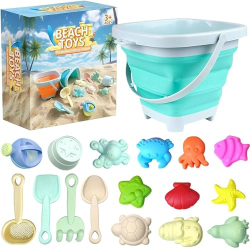 Sandspielzeug Strandspielzeug Kinder, Sandkasten Spielzeug Kinder, 17 PCS Silikon Sandspielzeug Set mit Faltbarer Eimer, Sandförmchen, Schaufel, Sandspielzeug ab 1 2 3 4 5 Jahre Mädchen Junge (C)