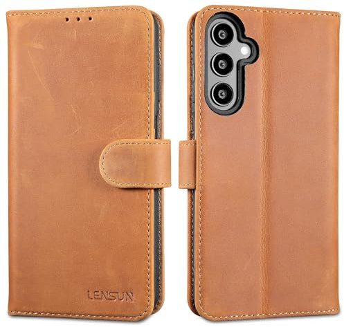 LENSUN Coque pour Samsung Galaxy A15 5G/4G, Étui en Cuir Véritable Portefeuille Housse [RFID Blocage] [Rangements Cartes] [Fermoir Magnétique] Compatible avec Samsung A15 - Brun Rétro