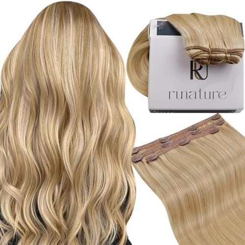 RUNATURE Echthaar Extensions Clip Blond Hervorheben 50cm 3pcs Lang Clip Extensions Echthaar Günstig Haarverlängerung Clip in Extensions Echthaar Goldblond Mit Hellblond Echte Haare 50g #16P24