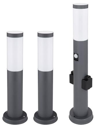 Sockelleuchte mit Steckdose und Bewegungsmelder Steckdosensäule Garten mit Licht, Edelstahl anthrazit, E27, 3er Set