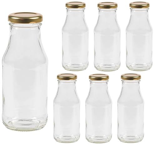Vitrea 6 Empty Glass Bottles 263 ml Screw Cap Gold - Milk Bottles, Juice Bottles, Small Bottles for Filling with Lid - for Milk, Juice, Smoothies, Oil - Pack of 6, TO43