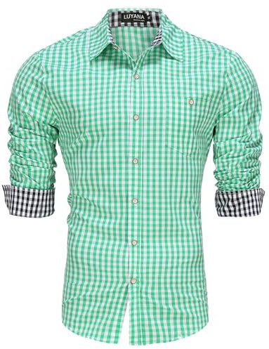LUYANA Oktoberfest Trachtenhemd für Herren Trachten Karo-Hemd Langarm Freizeithemd mit Tasche Grün L