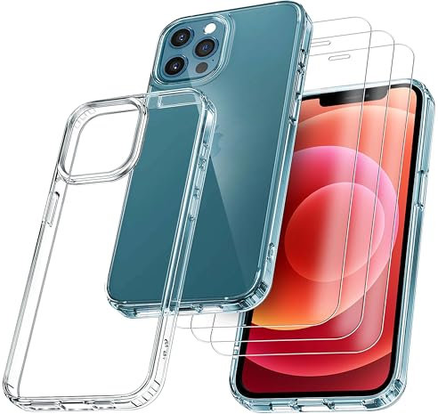 RKINC Hülle für iPhone 12 12 Pro 6,1 Zoll, Nie Vergilbung Handyhülle Militärnorm Stoßfest Anti-Kratzt, 1 Schutzhülle mit 3 Stück Panzerglas Panzer Schutz Glas Transparent