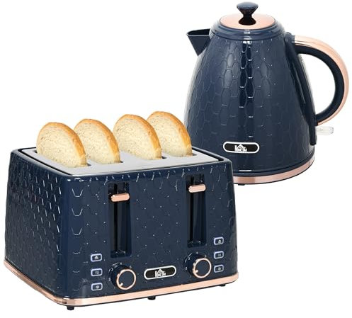 HOMCOM Kettle and Toaster Set, 1.7L 3000W Fast Boil Jug Kettle with Auto Shut Off, 4 Slice Toaster with 7 Level Browning Controls & Crumb Tray, Blue