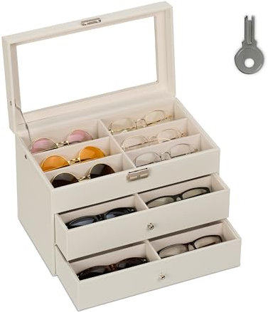 Relaxdays Brillenbox, 18 Brillen, Lederoptik, Samtbezug, Glasfenster, HxBxT: 22,5 x 33,5 x 19 cm, Brillenkoffer, weiß