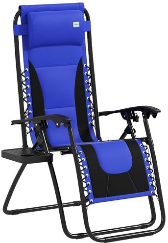Outsunny Zero Gravity Lounger Chair, Folding Reclining Patio Chair with Padded Seat, Cup Holder, Soft Cushion and Headrest for Poolside, Camping, Blue