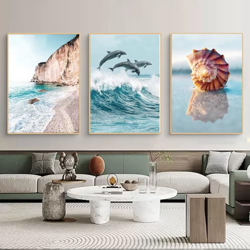 Premium Poster Set 3er Wandbilder Meer, Wal, Muschel Kunst Bilder Ohne Rahmen Kunstdruck Bilder Leinwand Moderne Wanddeko Wohnzimmer Schlafzimmer (21×30 cm)