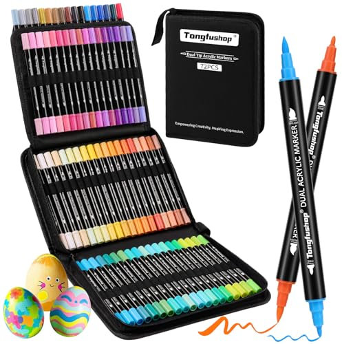 Tongfushop 72 Colours Dual Tip Acrylic Markers, Water-Based Acrylic Paint Pens for Rock Painting, Wood, Ceramic, Glass, Stone, Fabric, Canvas, DIY, Paint Markers for Kids, Adults, Artists, Beginners