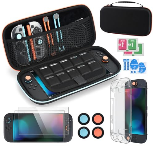 ELUTENG 10-in-1 Tragetasche Zubehörset für Nintendo Switch 2 (2025) – Inklusive Aufbewahrungstasche, 4 Joystick-Kappen, Schutzhüllen für Controller & Konsole, 2 Displayschutzfolien, Schwarz