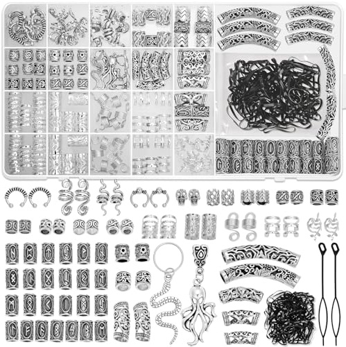 Jollidecor 247Pcs Viking Hair Accessories Norse Runes Tube Beads Metal Cuffs Clips Rings, Dreadlock Beads Braids Locs Hair Jewelry Set for Women Men Beard Decoration Bracelets Necklace DIY Silver