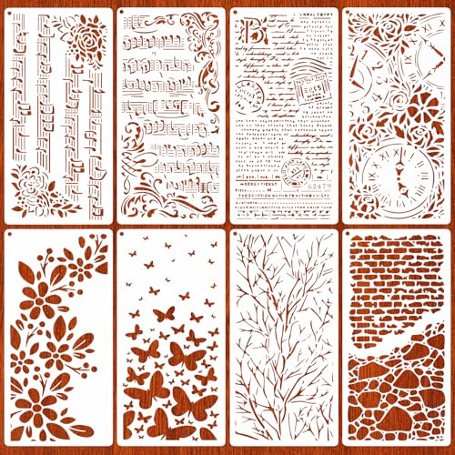 MWOOT 8 Stück Mixed Malschablonen, Musiknoten Zweige Blumenmuster Kunststoff Schablonen Vorlagen für Wand Boden Möbel Deko, Schablonen Textilgestaltung, DIY Scrapbooking Karten Handwerk(30x15cm)