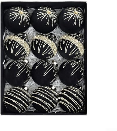 Eawfgtuw 12pcs 8cm Flocked Velvet Christmas Tree Baubles Set, Assorted Colours Plastic Holiday Ornaments with Metallic Clip for Xmas Tree, Wedding or Event Decoration(Black)