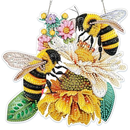 NAIMOER Biene Diamond Painting Fensterbilder Beidseitige, Diamond Painting Anhänger mit Kette, Diamant Malerei Bilder Kristall Fensterbilder für Geschenk Wand Dekoration