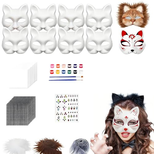 XUTONG 10 Stück DIY Katzenmasken Set,Therian Mask,Katzenmaske zum Bemalen, DIY Weiße Katzen Masken zum Basteln, Pinsel und Sticker,Fur and Eye Mesh, Karneval Kostüm Zubehör,Masquerade