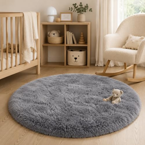 BEIMO Hochflor Teppich Flauschig Grau Teppich Wohnzimmer Rund 100CM Teppiche Schlafzimmer Anti-Rutsch Bettvorleger Teppiche Weich rutschfest für Kinderzimmer