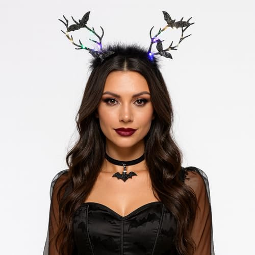 MIMIKRY Beleuchteter Haarreif Schwarz mit Zweigen und Fledermäusen Halloween LED Vampir Kostüm-Zubehör Kopfschmuck