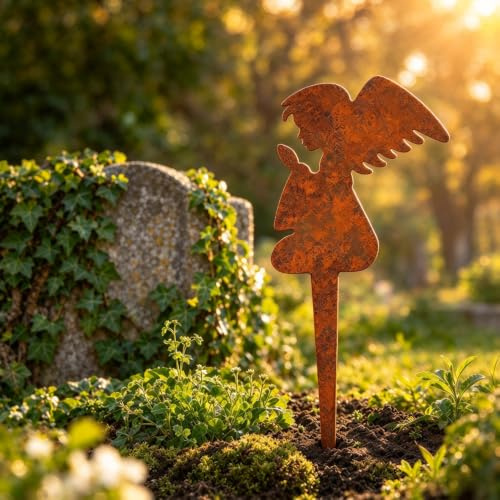 JACKANNA Grabschmuck Engel Grabengel,Engel für Grab Wetterfest Grabdeko | Grabschmuck Frostfest Metall Stahl Rost Grabdekoration Friedhof Deko langlebig Gedenkschild Friedhofdekoration (2)