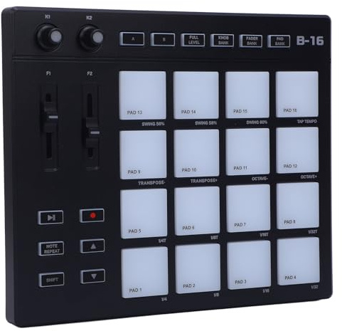 Bewinner MIDI-Controller mit 16 RGB-Drum-Pads, 2 Zuweisbaren Fader-Knöpfen, 2 Verstellbaren Knöpfen, Anpassbaren Tasten, Tragbares MIDI-Drum-Pad für die Musikproduktion
