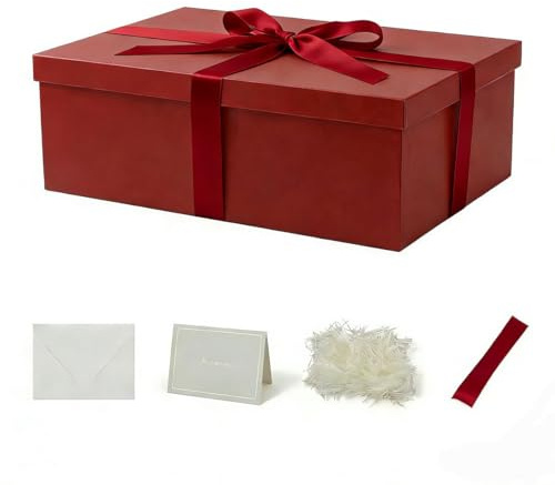 KdmNzoo Geschenkbox mit Deckel 31 x 21 x 11 cm groß, Geschenkbox mit Schleifen, Grußkarten, Raffia Hamper Shreds für Rot