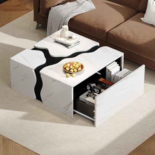 FammyLoft Couchtisch mit Geometrisches Design, Coffee Table mit 1 Schublade, Moderner Kaffeetisch mit Marmorfurnier in Einzigartiger Form, Sofatisch, Wohnzimmertisch, für Living Room, 70 * 70cm, Weiß